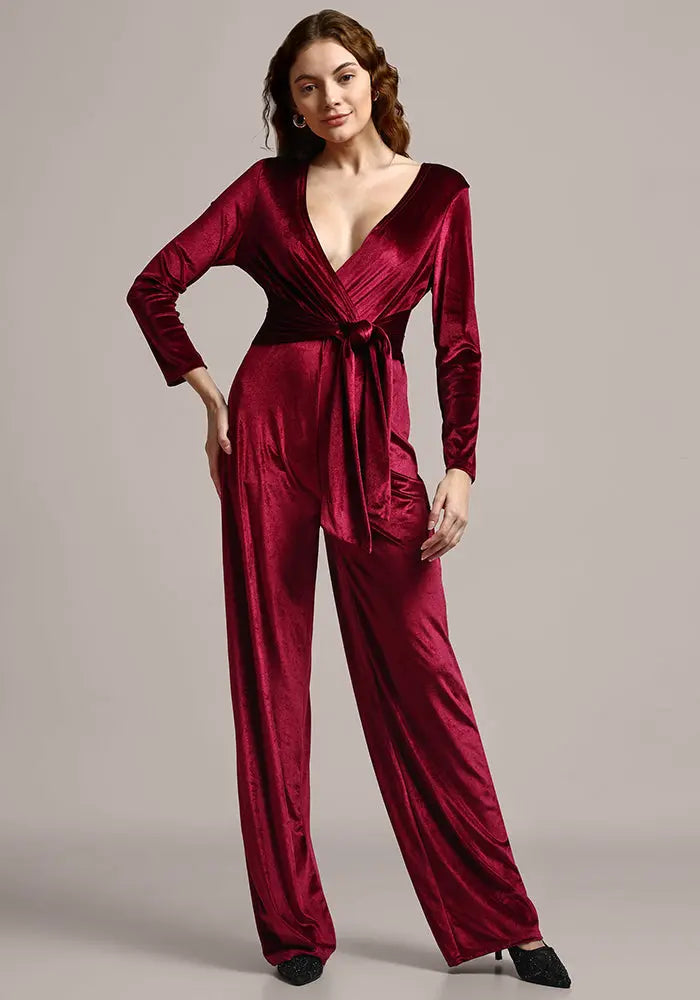 Velvet V-neck Long Sleeve Wide Leg Jumpsuit IKI CHIC Private Ltd