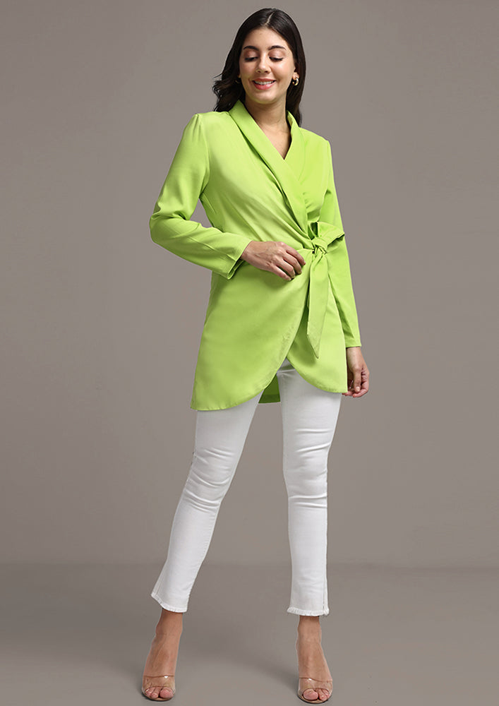 Solid Green Wrap Detail Single Breasted Blazer