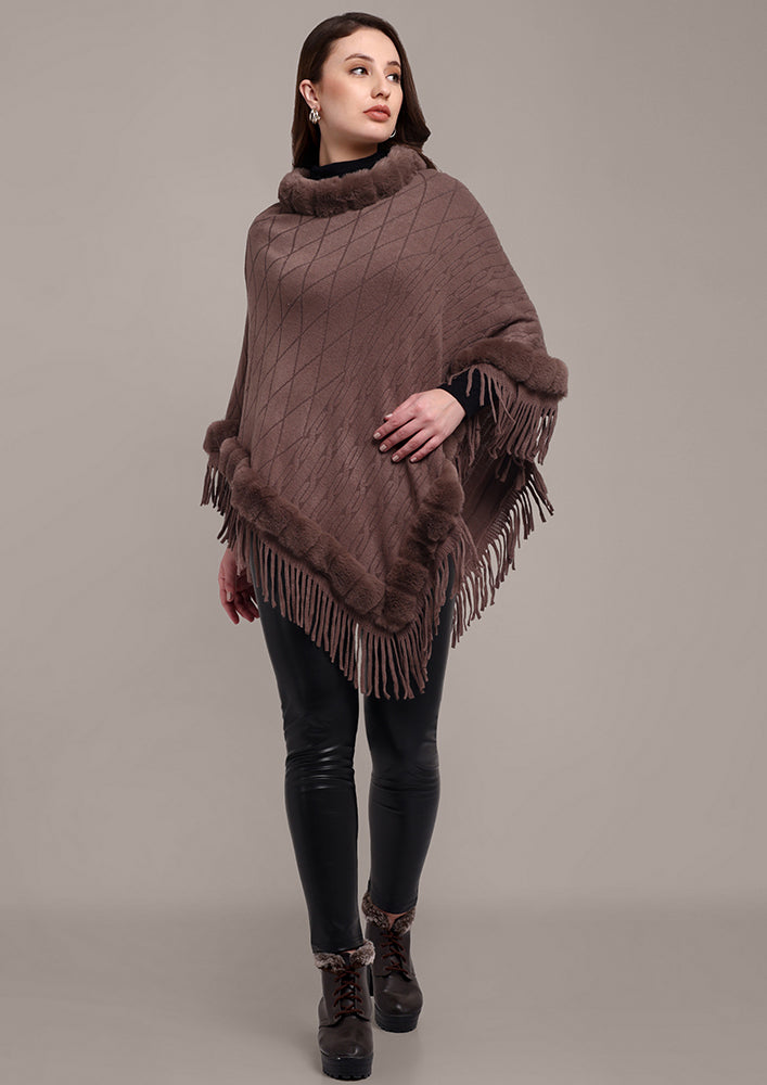 Brown Women's Poncho with Fringed Hem and Fur