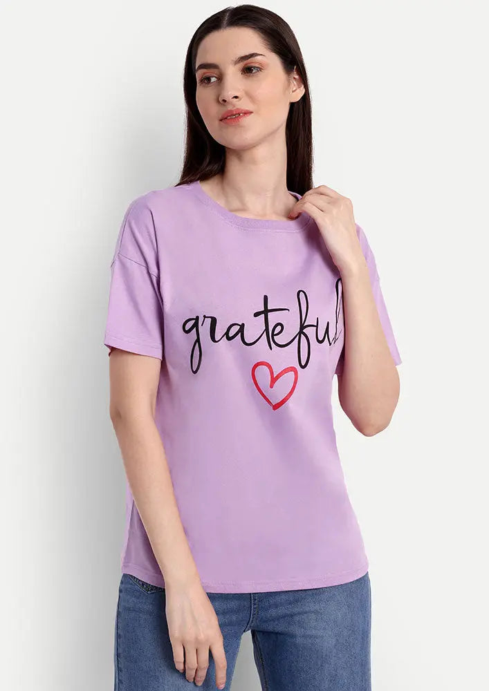 Lavender Grateful Print Short Sleeve T-Shirt IKI CHIC Private Ltd