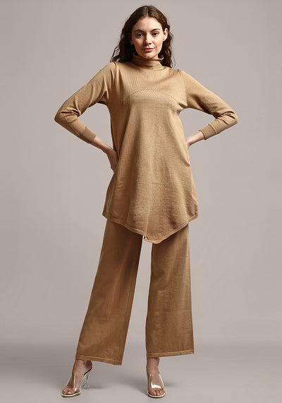 Beige Long Knitted Flare Pullover With Wide Leg Pants Set