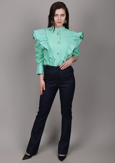 Mint Green Poplin Oversized Shirt with Ruffle Detailing & Embellishments