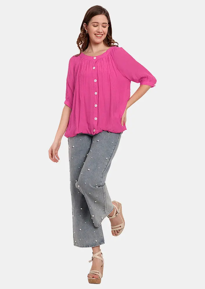 Pink Front Button-Up Shirt With Gather Detailing At Neck And Sleeves IKI CHIC Private Ltd