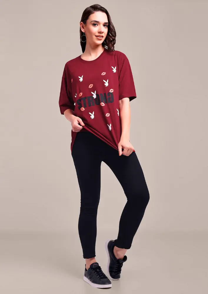 Maroon Oversized Graphic Print T-Shirt IKI CHIC Private Ltd