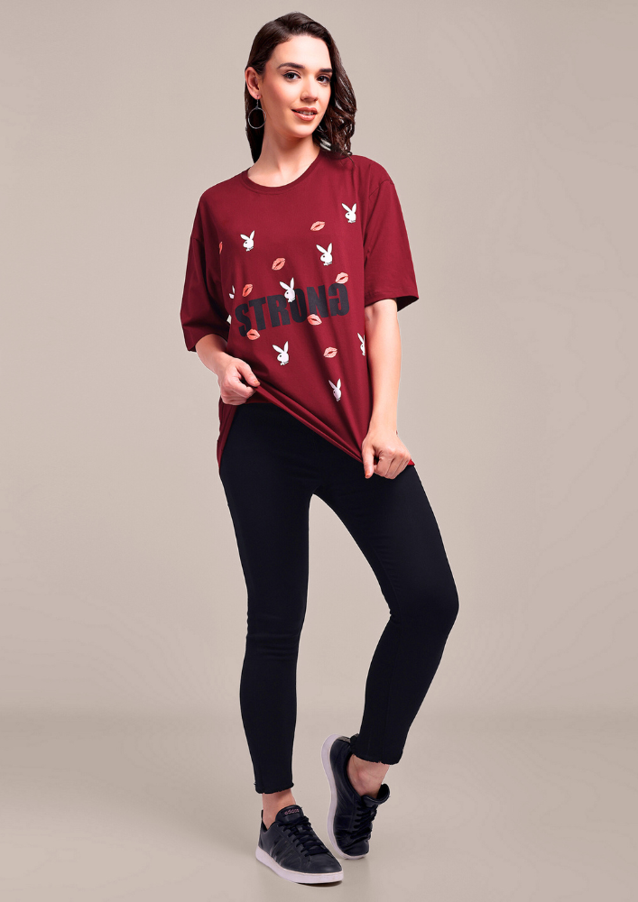 Maroon Oversized Graphic Print T-Shirt