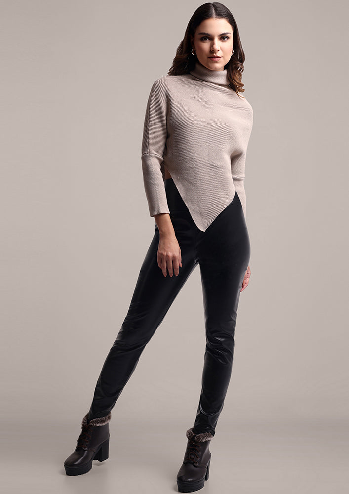 Solid Beige Asymmetrical Turtle Neck Crop Jumper