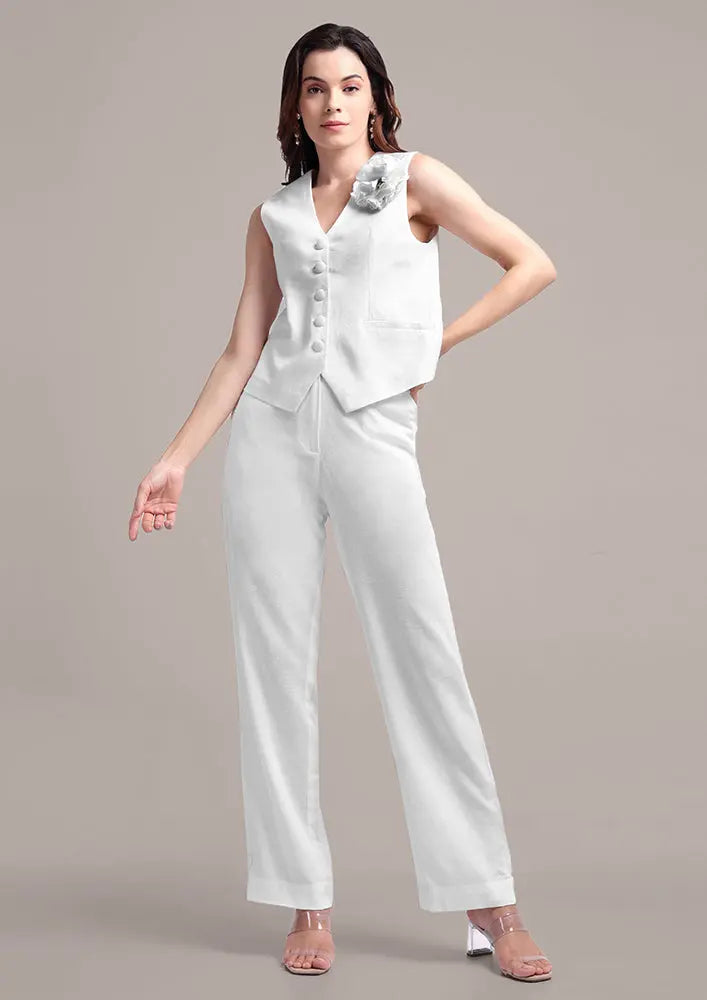White Sleeveless Front Button-Up Vest With High Waisted Pants IKI CHIC Private Ltd