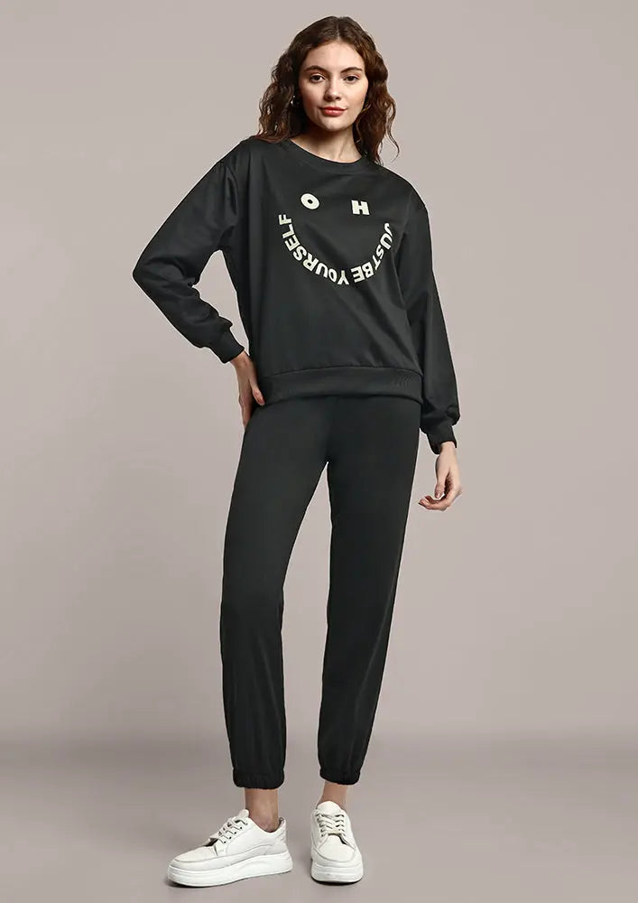 Black Graphic Sweatshirt and Track Pant Set IKI CHIC Private Ltd