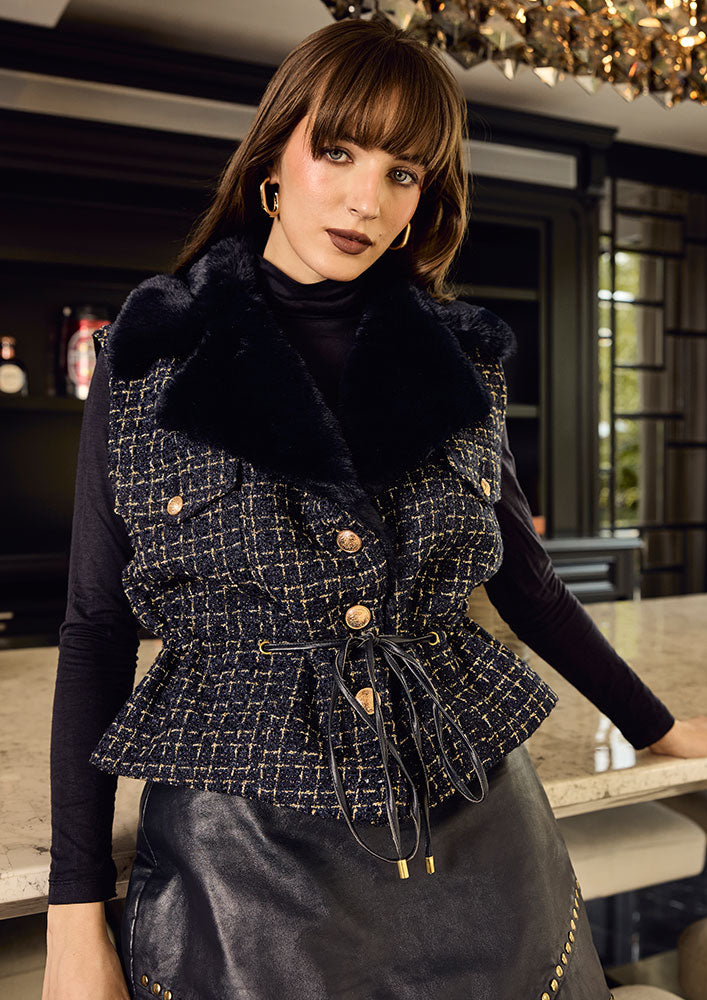 Navy Blue Tweed Fur Collar Waist Tie-Up Jacket