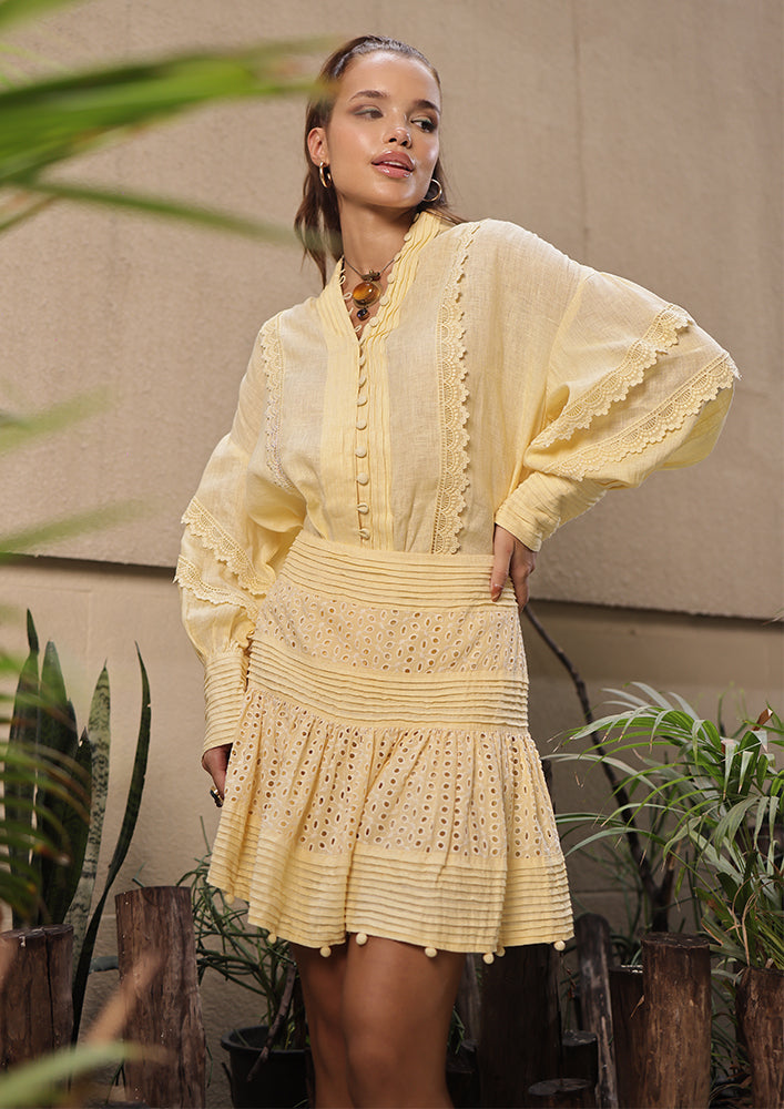 Yellow Linen Shirt & Schiffli Skirt Co-ord Set IKI CHIC Private Ltd.
