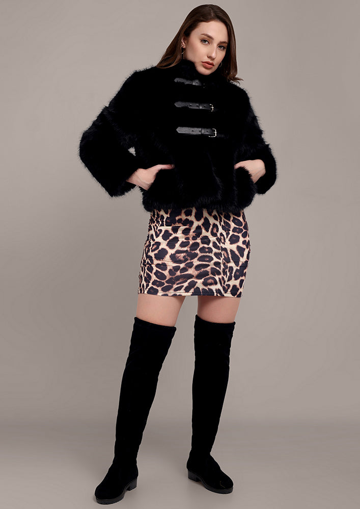 Black Fur Jacket with Front Buckle Straps IKI CHIC Private Ltd.