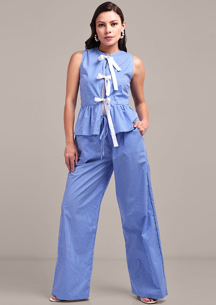 Blue & White Stripe Bow Detail top And Pants Set