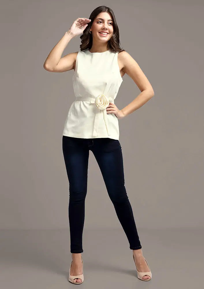 Off-white Sleeveless Satin Top With Detachable Belt IKI CHIC Private Ltd