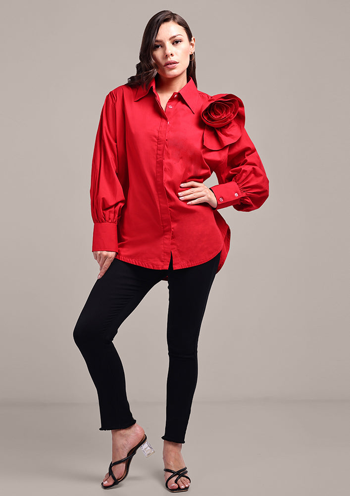 Red Drop Shoulder Shirt With 3D Flower Detail