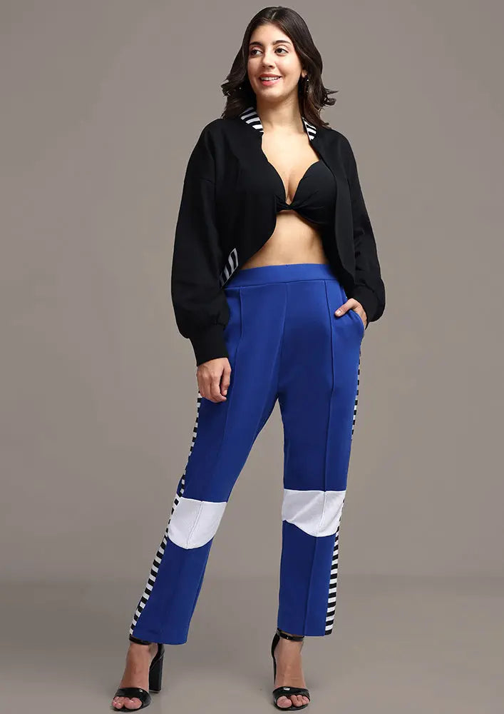 Black Short Jacket And Blue High Waisted Pants Set With Stripe Detail IKI CHIC Private Ltd