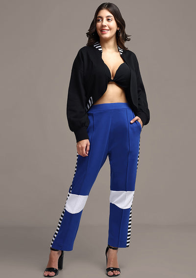 Black Short Jacket And Blue High Waisted Pants Set With Stripe Detail