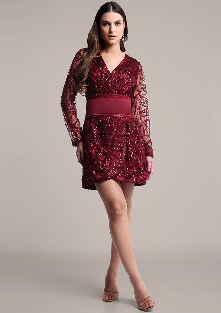 Red Sequin Belted Full-Sleeve Dress