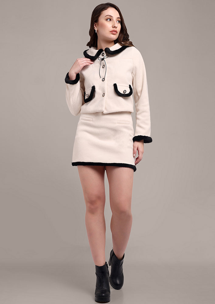 Off-White Blazer Skirt Set with Fur Detailing IKI CHIC Private Ltd.