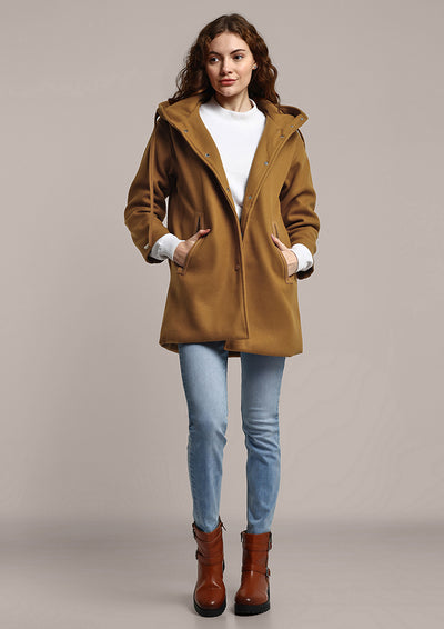 Hooded Oversized  Coat In Camel Color