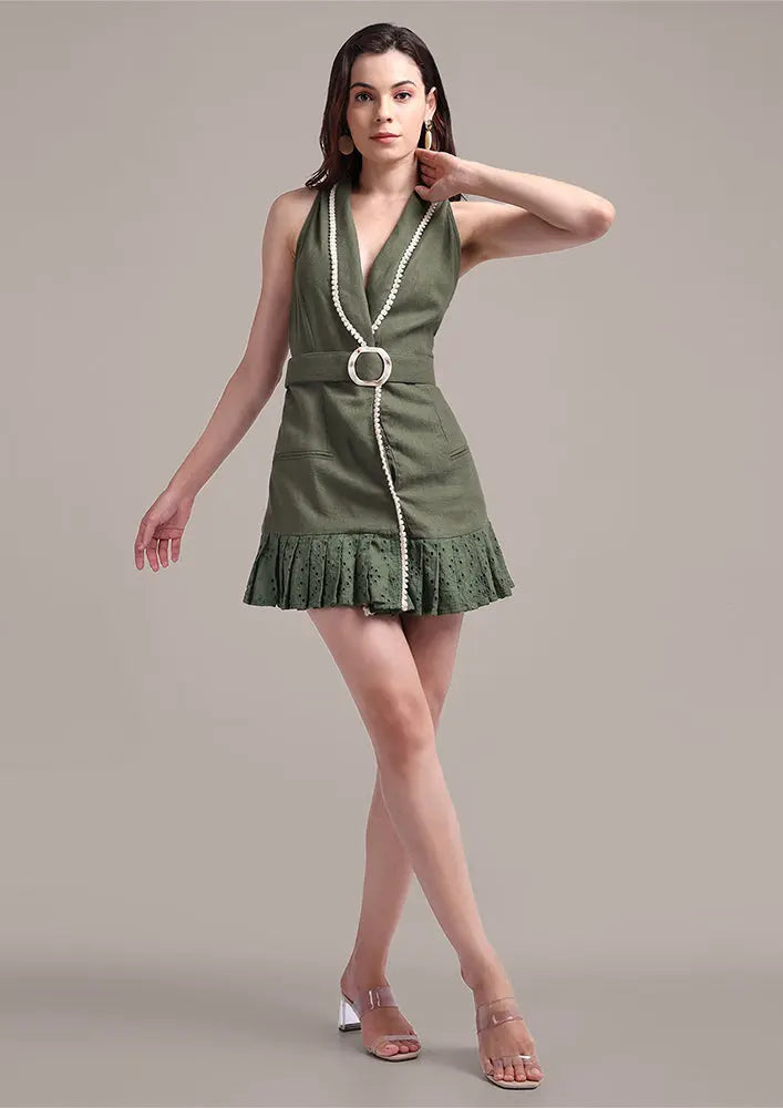 Green Collared Sleeveless Mini Dress with a Buckle Belt IKI CHIC Private Ltd