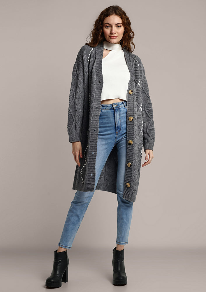 Grey Cable Knit Oversized Long Cardigan