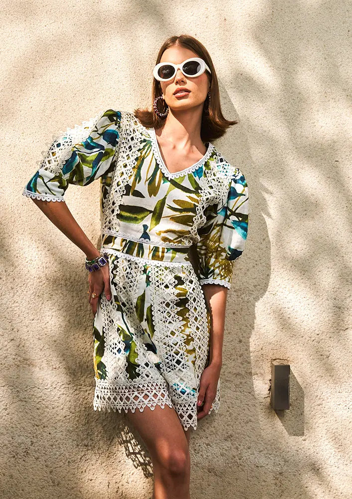 Tropical Print V-Neck Romper With Lace Detailing IKI CHIC Private Ltd