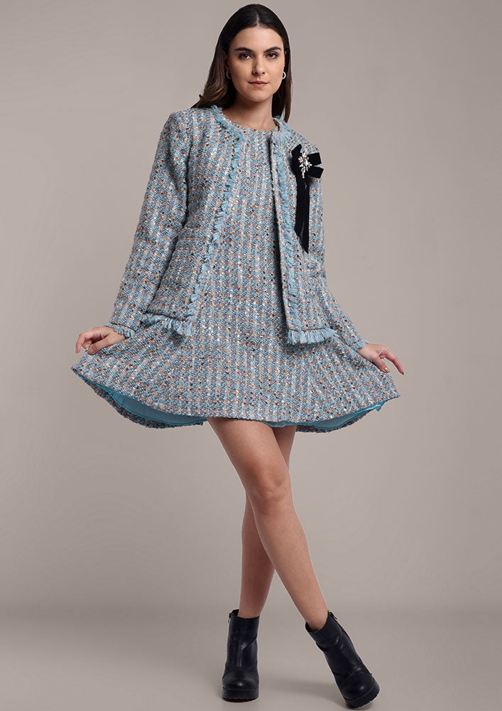 Sky Blue Tweed Dress & Jacket Set with Swarovski Bow Detail