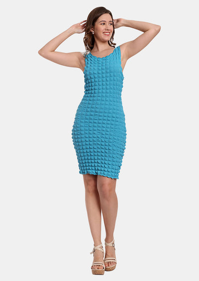 Blue Popcorn Textured Bodycon Mini Dress With A Round Neckline