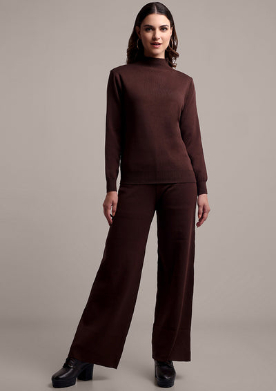 Dark Brown Long Sleeve Top With Kaftan Shrug And Pants Set