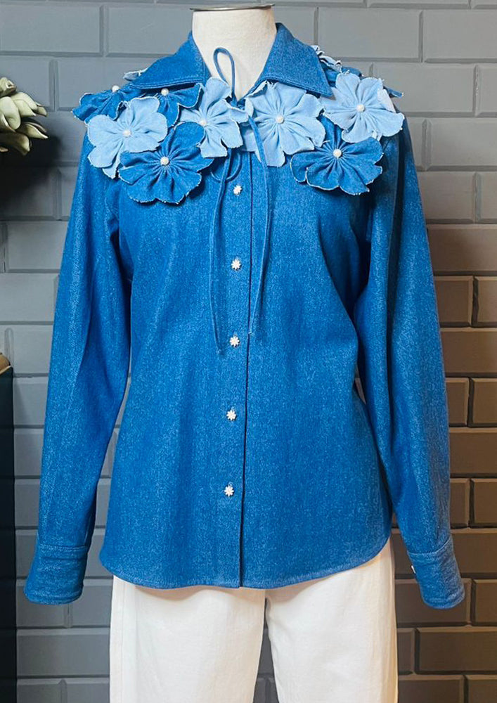 Dark Blue Denim Shirt With 3D Flower Collar