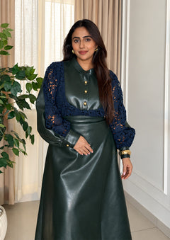 Leather & Crochet Statement Shirt and Flared Skirt Set