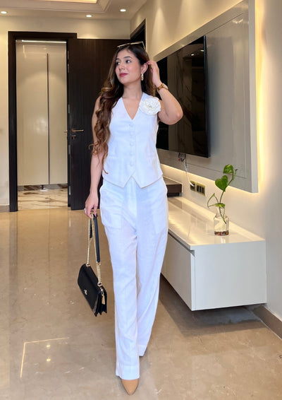 White Sleeveless Front Button-Up Vest With High Waisted Pants