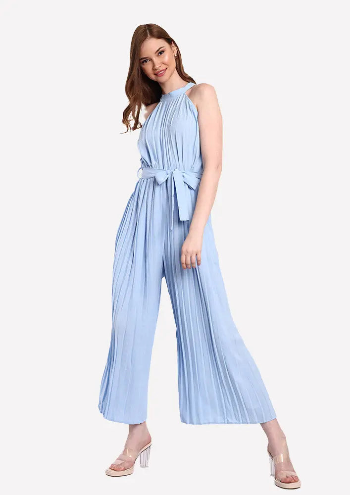 Blue Halter Neck Pleated Wide Leg Jumpsuit IKI CHIC Private Ltd