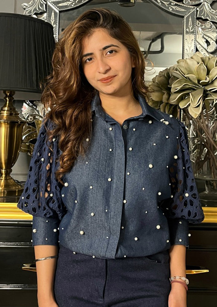 Denim Shirt with Cutwork Sleeves and Pearl Work IKI CHIC Private Ltd.