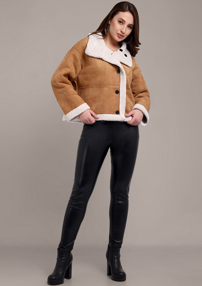 Beige Suede Jacket with Wool Detailing IKI CHIC Private Ltd.