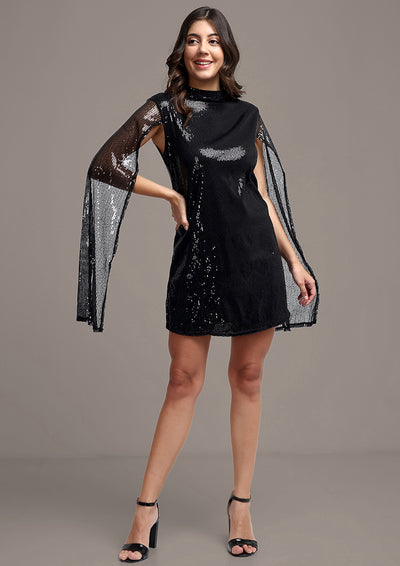 Black Sequin Cape Sleeve Mini Dress