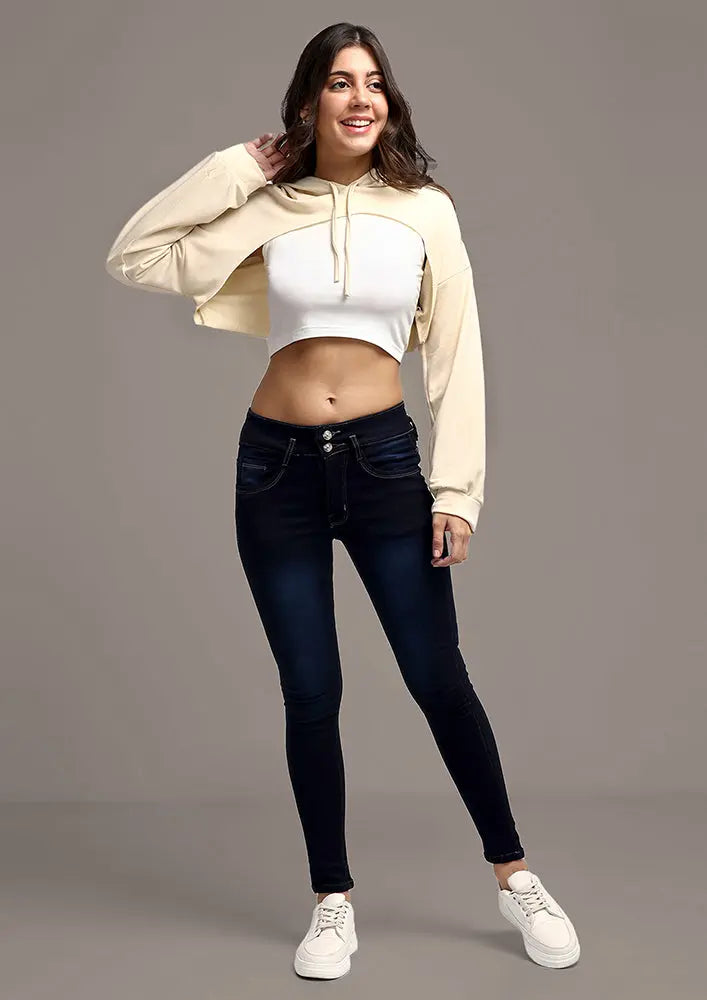Beige Hooded Long Sleeve Crop Top IKI CHIC Private Ltd