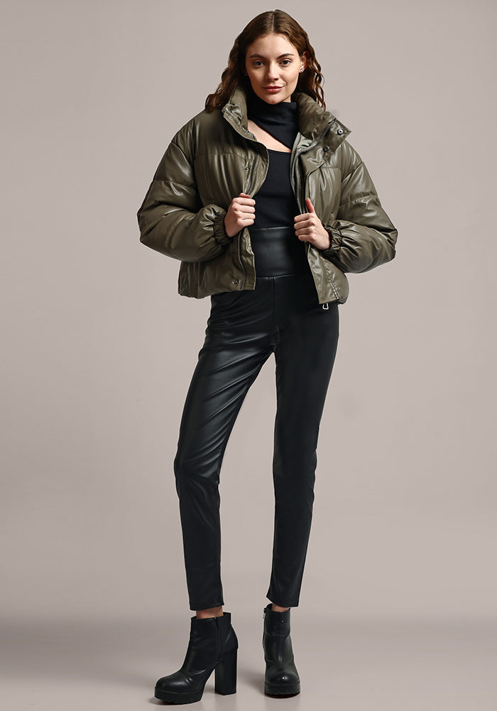 Olive Green Faux Leather Statement Puffer Jacket