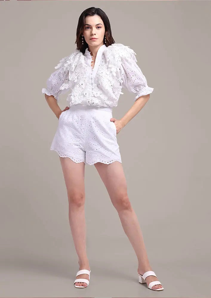 White schiffli lace detailing shirt with high-waisted shorts set IKI CHIC Private Ltd