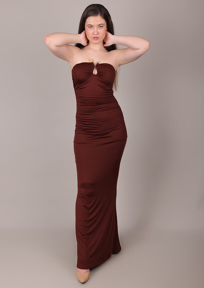 Brown Tube Ruched Long Dress