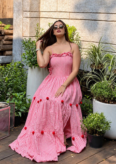 Red Check Maxi Dress With Ruffle & Pom-Pom Detailing