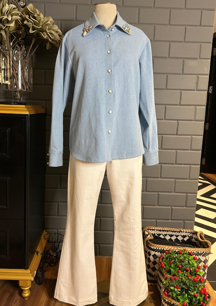 Light Blue Denim Shirt With Work On Collar