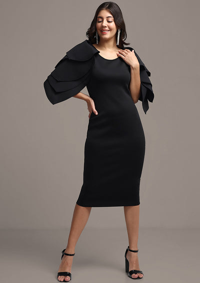 Black Solid Ruffle Sleeve Bodycon Midi Dress