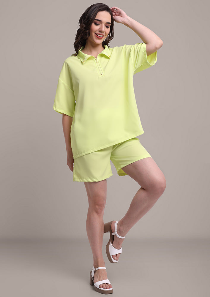 Fluorescent Green Solid T-Shirt with Shorts Set IKI CHIC Private Ltd.