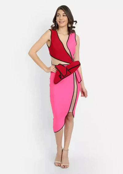 Colorblock V-neck Bow Waist Detail Bodycon Dress IKI CHIC Private Ltd.