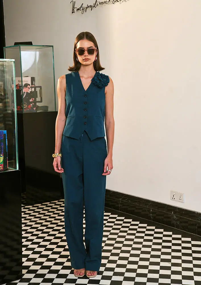 Teal Blue Sleeveless Front Button-Up Vest With High Waisted Pants IKI CHIC Private Ltd