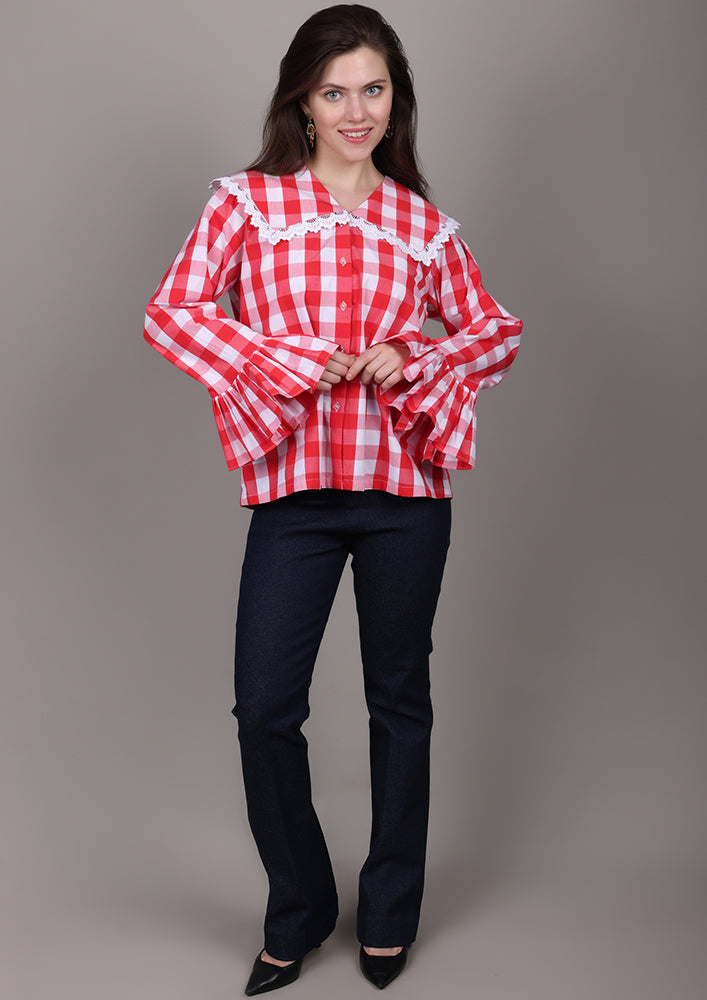 Red and White Check Shirt With Sailor Collar IKI CHIC Private Ltd.