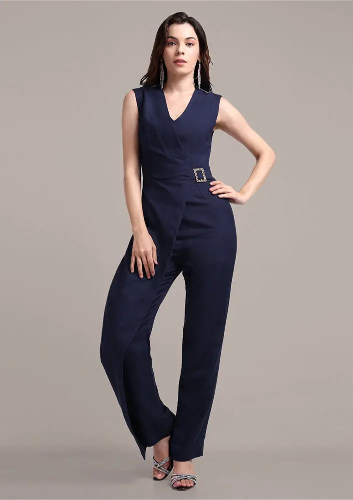 Blue Linen Flap Jumpsuit With Swarovski Detailing IKI CHIC Private Ltd