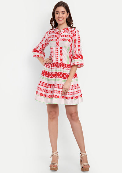 Printed Skater Dress With Tiered Ruffle Detailing At The Hem