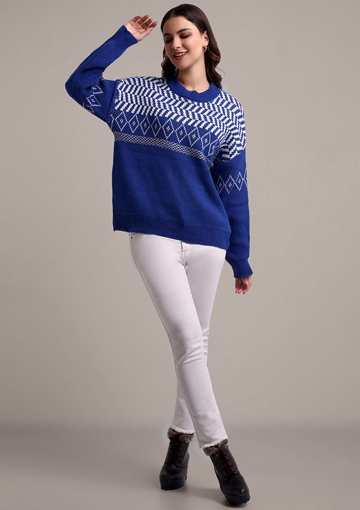 Blue Round Neck Oversized Knitted Sweater